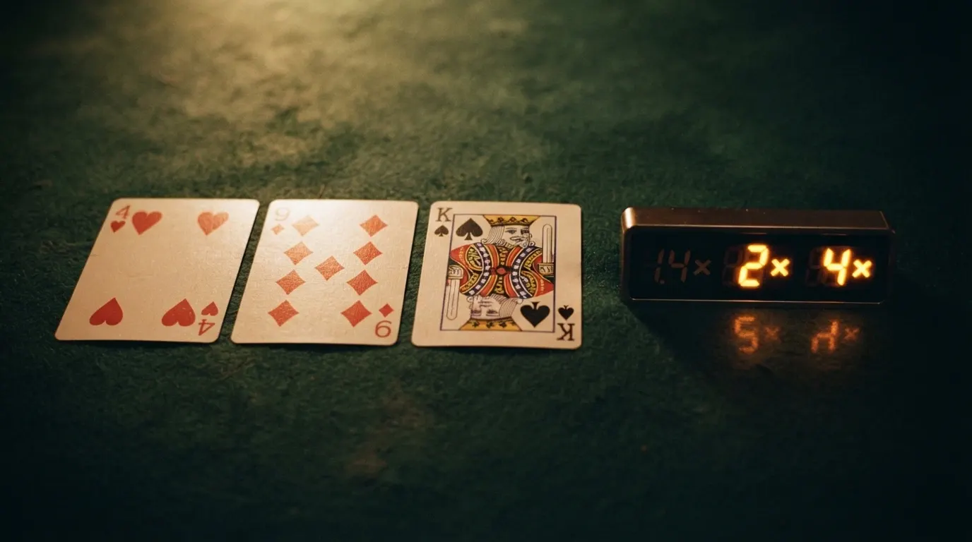 Une succession de trois cartes alignées sur un tapis de jeu, avec un compteur de multiplicateur progressif à côté