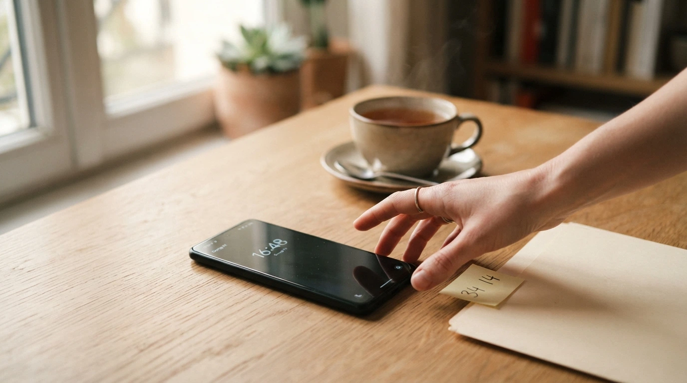 Une main décrochant un téléphone, avec le numéro 34 14 affiché sur un post-it à côté d'un dossier Banque de France