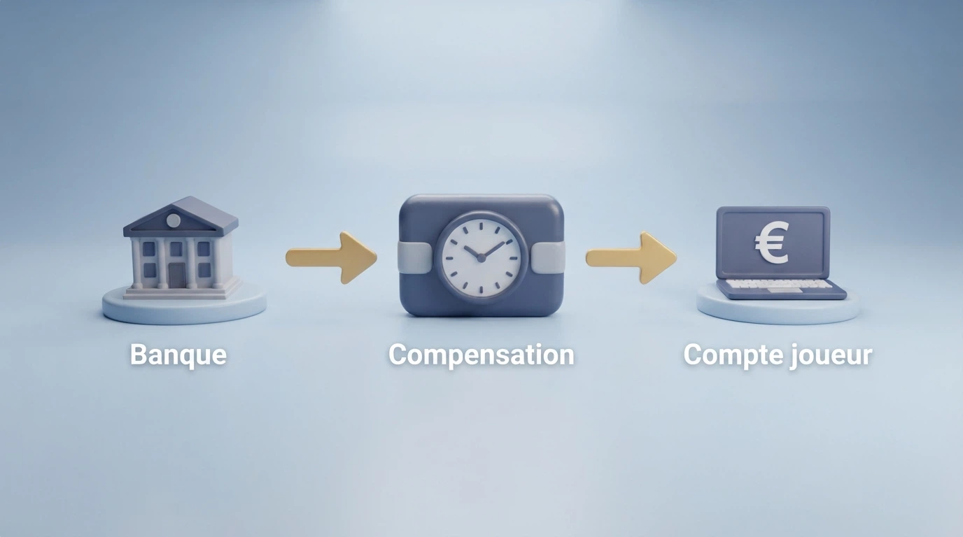 Schéma simplifié du parcours d'un virement SEPA entre le compte bancaire du joueur et le compte joueur d'un opérateur, avec les étapes de traitement interne et de compensation