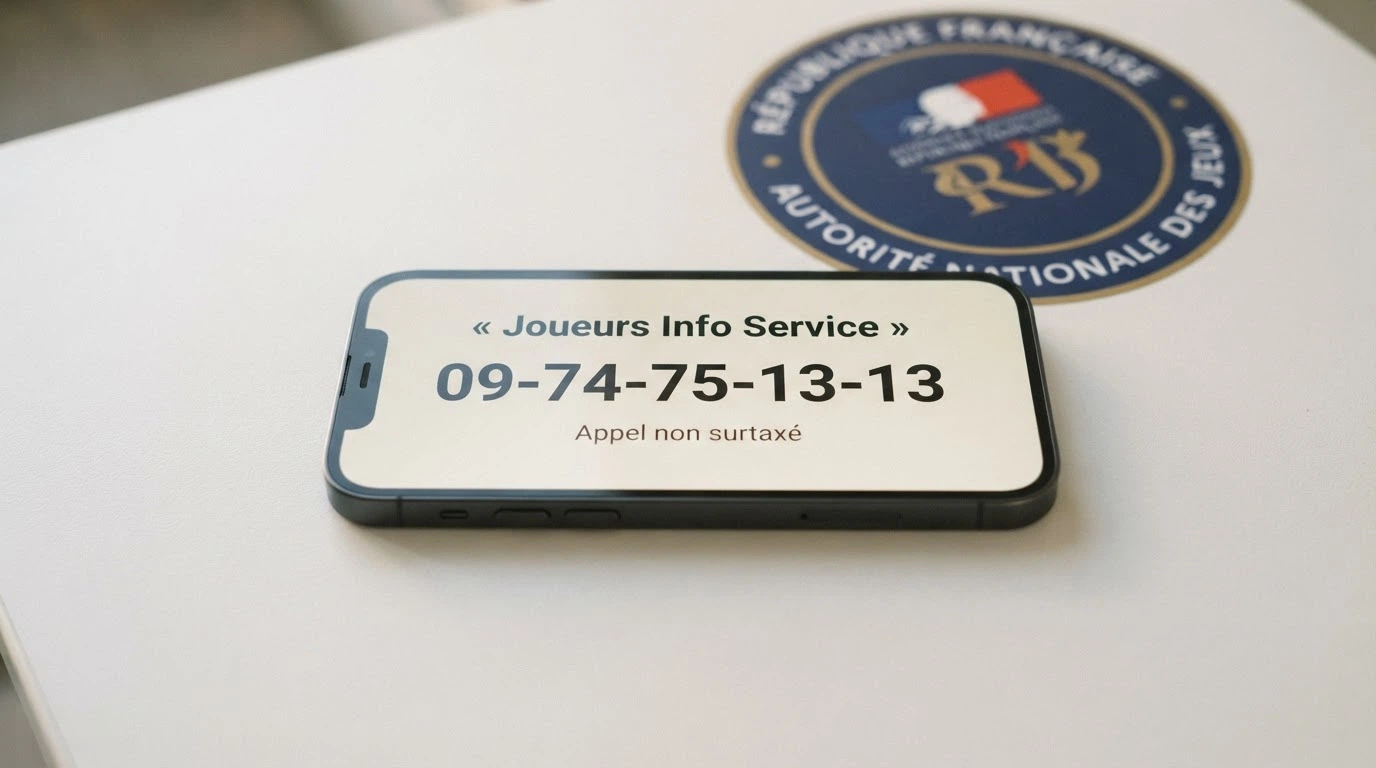 Téléphone portable affichant le numéro de Joueurs Info Service (09-74-75-13-13) avec le logo de l'ANJ en arrière-plan