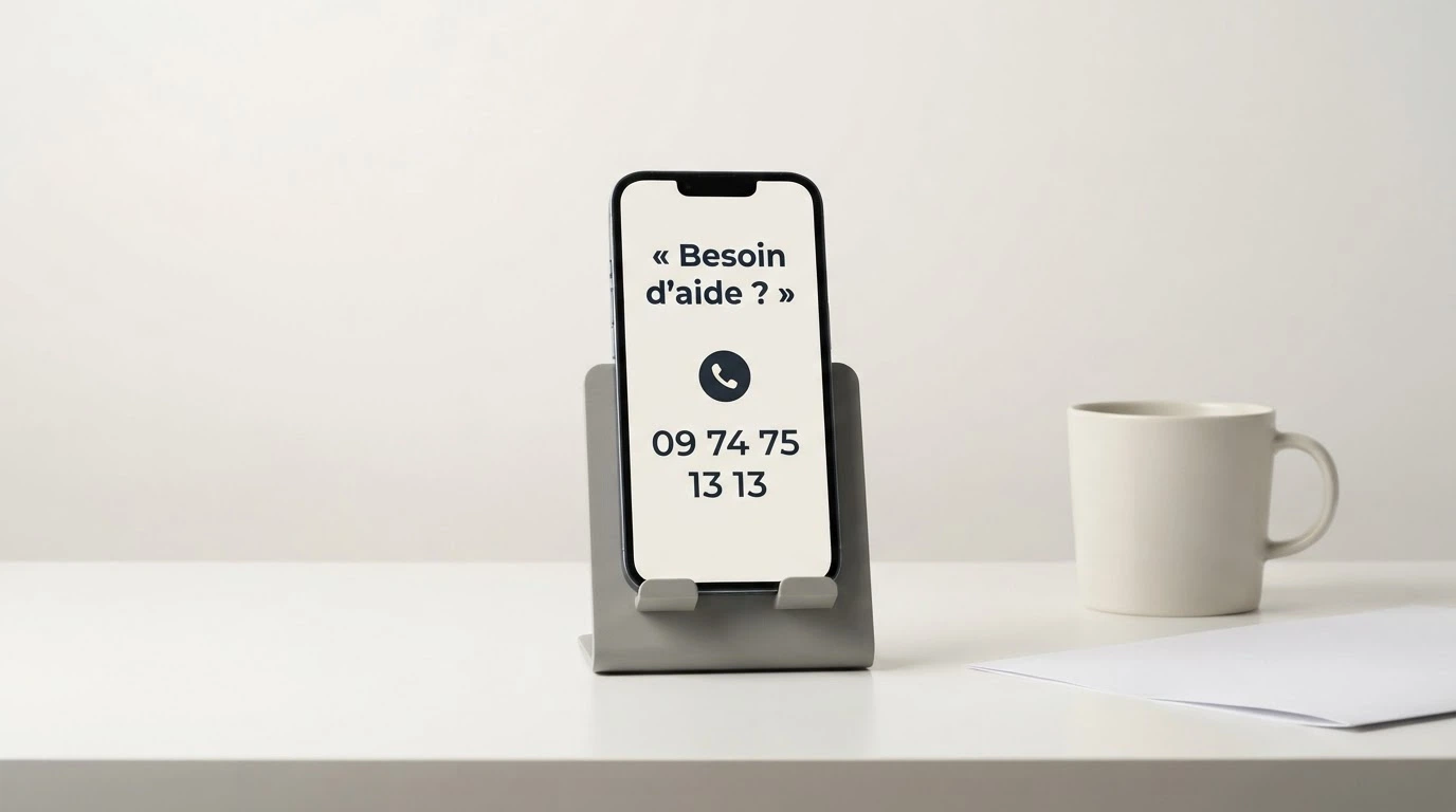 Logo de l'ANJ et numéro de Joueurs Info Service affiché sur un fond sobre avec une icône de téléphone