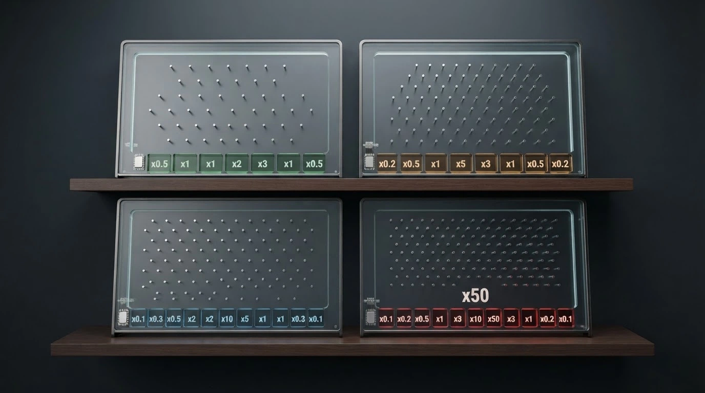 Quatre interfaces de Plinko côte à côte montrant des configurations de risque et de multiplicateurs différentes