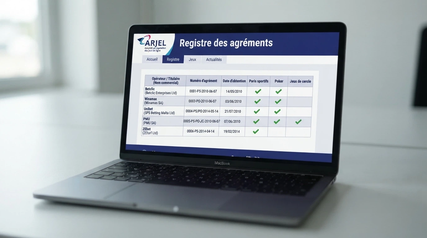 Capture d'écran du registre public de l'ANJ listant les opérateurs de jeux agréés en France