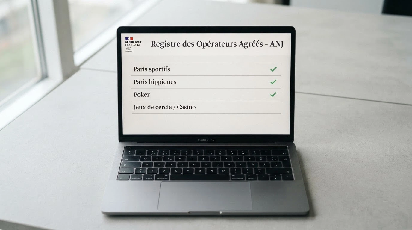 Capture d'écran du registre en ligne de l'ANJ affichant la liste des catégories de jeux autorisées — paris sportifs, paris hippiques, poker — avec la mention absente des jeux de casino
