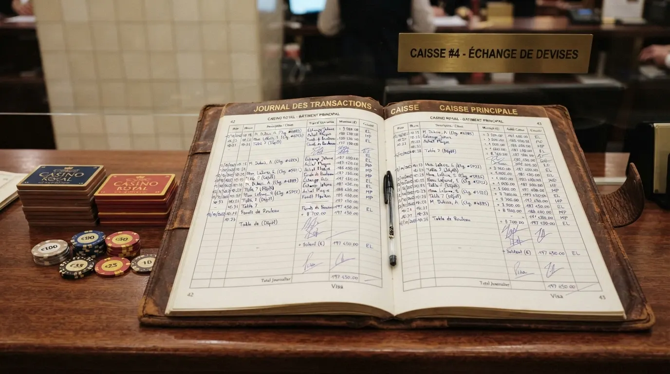 Un registre manuscrit ouvert sur un comptoir, un stylo, des plaques de casino et une liasse de billets à côté