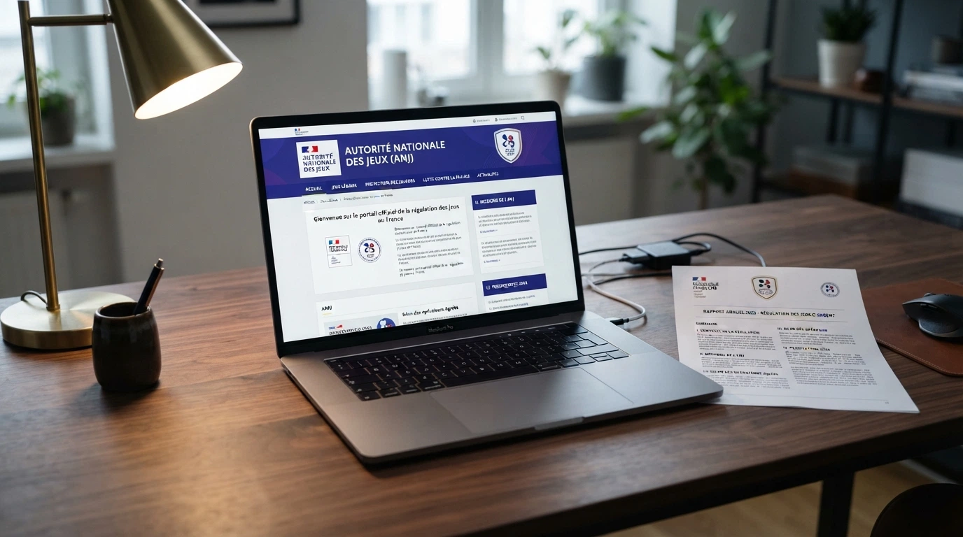 Un écran affichant la page d'accueil du site de l'ANJ (anj.fr) avec le logo officiel de l'Autorité nationale des jeux, posé sur un bureau à côté d'un document réglementaire