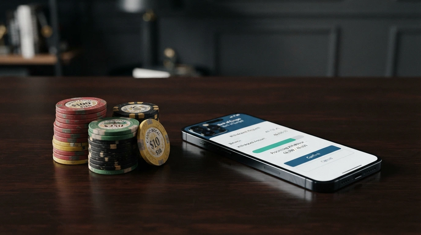 Une liasse de billets posée à côté d'un smartphone affichant une interface bancaire de casino en ligne