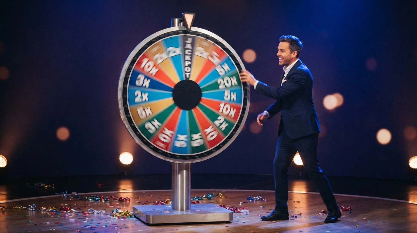 Grande roue verticale à segments colorés, animée par un présentateur en studio