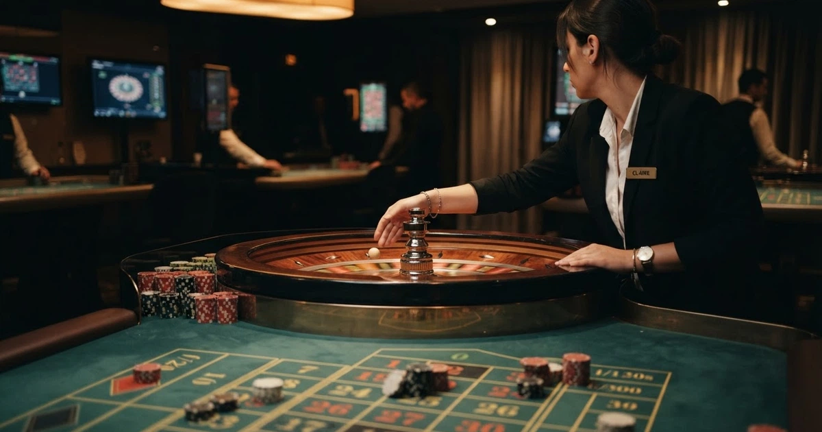 Un croupier en direct anime une table de roulette filmée en gros plan, le cylindre en mouvement et le tapis de mise visible à l'écran