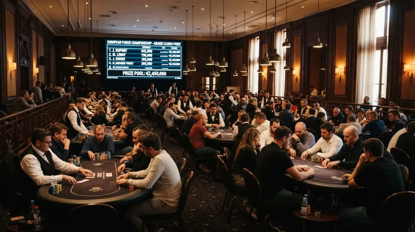 Une salle de tournoi de poker dans un casino terrestre français, tables occupées, croupiers en action, écran affichant le leaderboard et le prize pool.