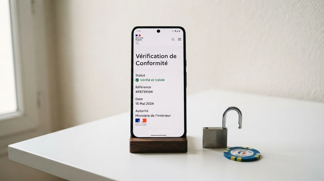 Téléphone posé à côté d'un cadenas ouvert et d'une carte d'identité, écran affichant le site de l'ANJ