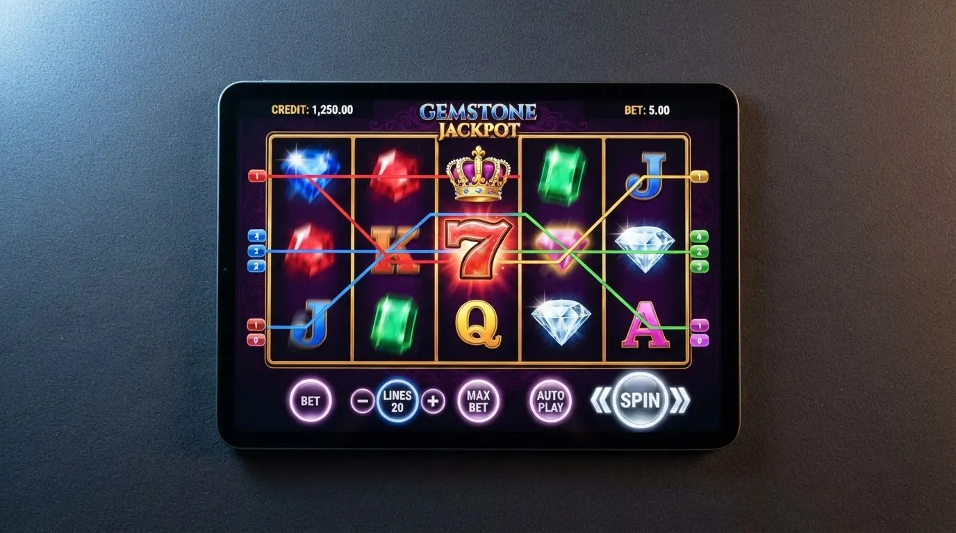 Écran de jeu d'une machine à sous en mode démo avec ses rouleaux, ses lignes de paiement et ses boutons de mise virtuelle