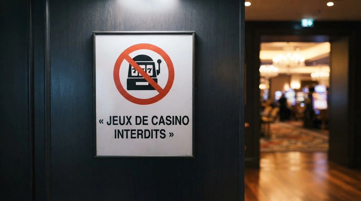Panneau symbolisant l'interdiction des jeux de casino en ligne en France, avec référence visuelle au cadre réglementaire français