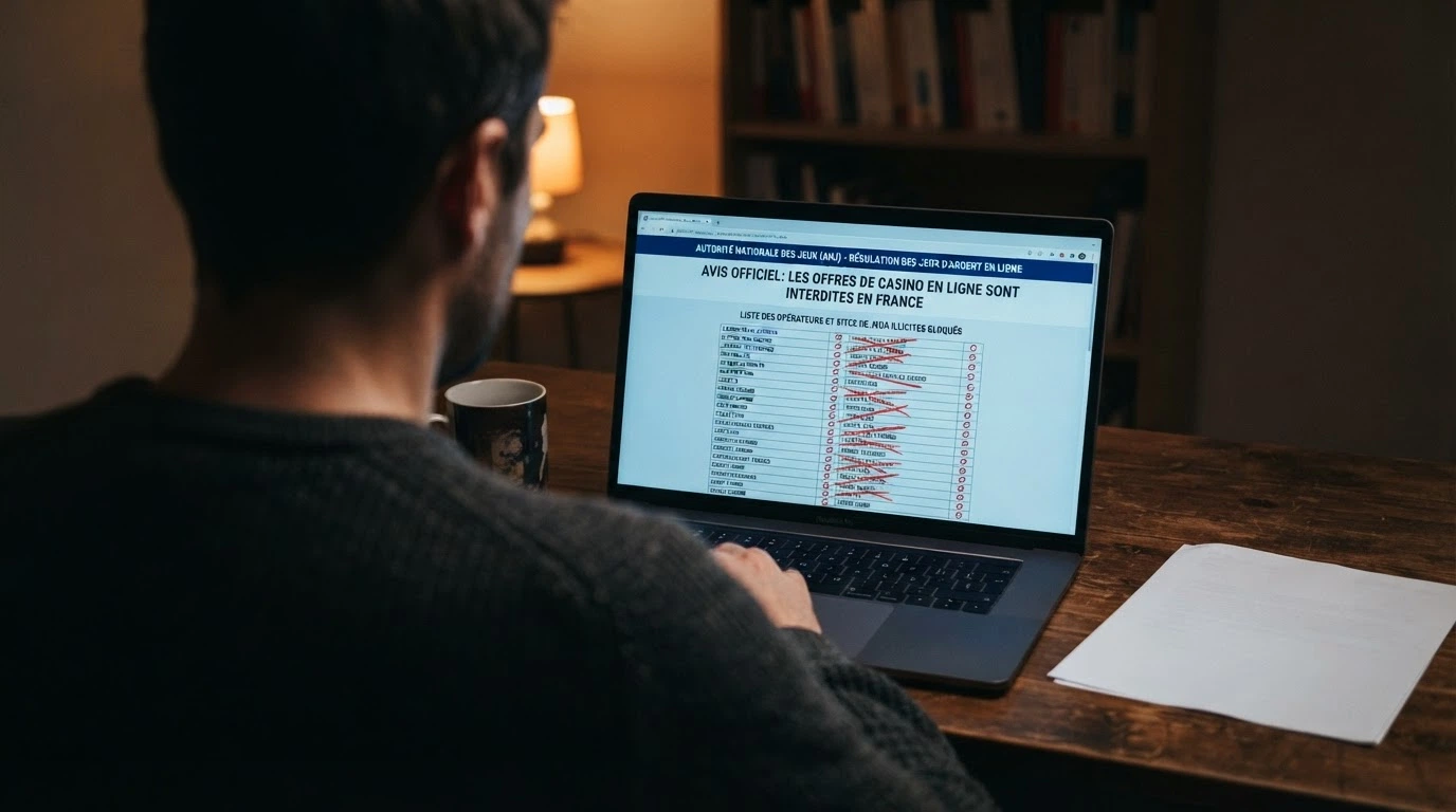 Un écran affichant la page « offre illégale » du site de l'ANJ, avec le logo de l'autorité en évidence et une liste de sites bloqués en arrière-plan