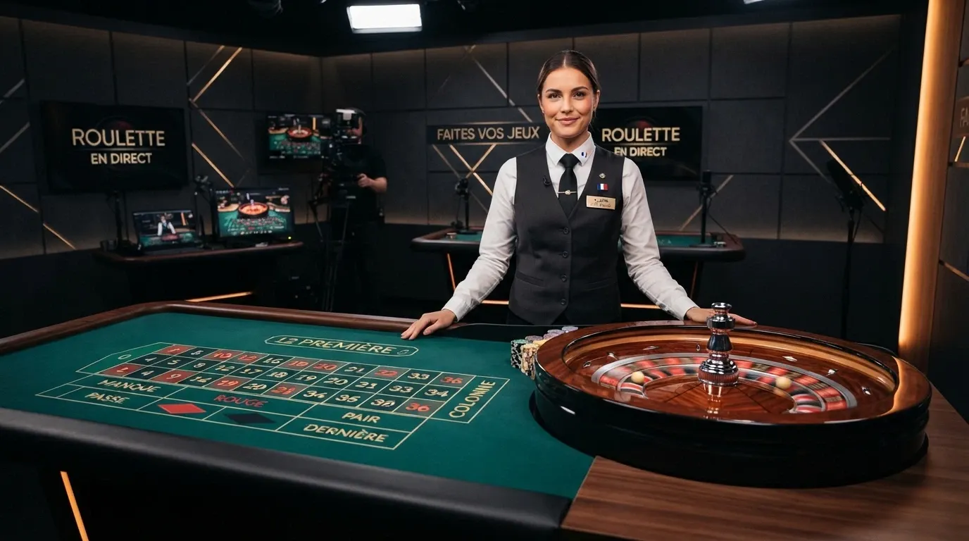 Table de roulette en direct filmée en 4K depuis le studio Pragmatic Play, croupier en plan large, piste de mise visible à l'écran