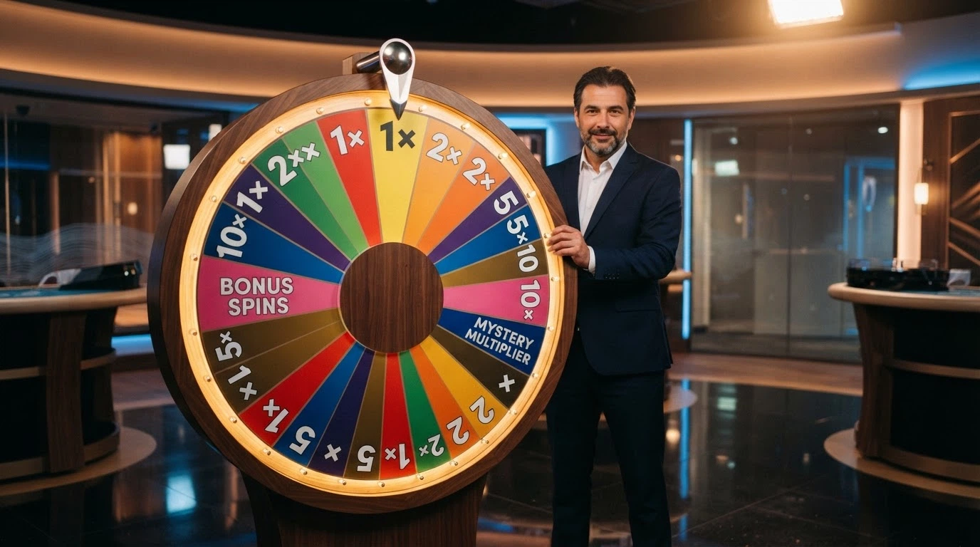La grande roue du jeu live Sweet Bonanza Candyland avec ses segments colorés 1x, 2x, 5x, 10x et le croupier en direct dans un studio Pragmatic Play Live