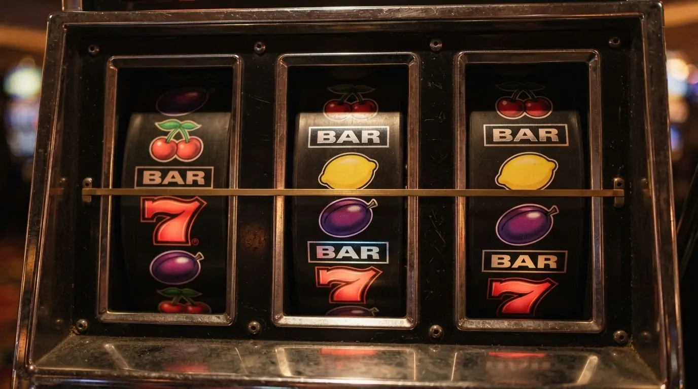 Gros plan sur les trois rouleaux d'une machine à sous classique affichant cerises, cloches, BAR et le symbole 7, avec le cadre des lignes de paiement visibles