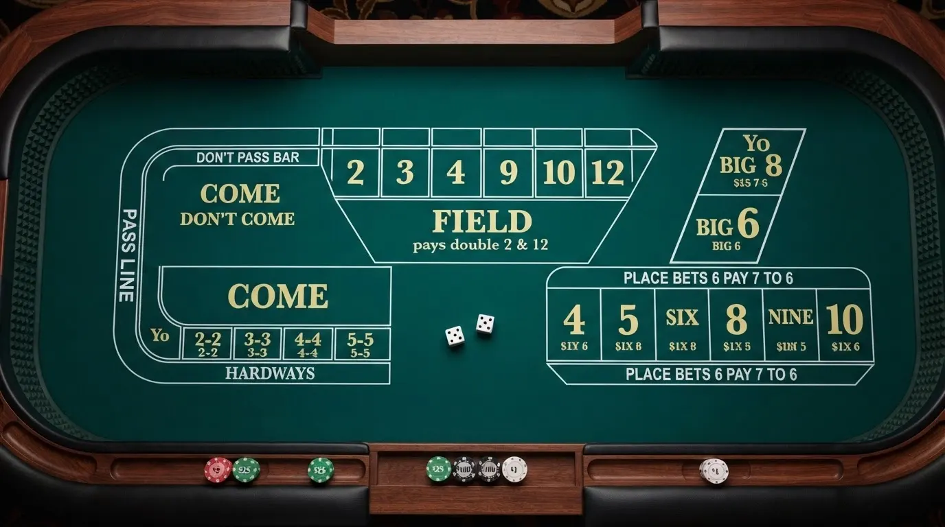 Une table de craps vue du dessus avec ses zones de mise distinctes (Pass Line, Don't Pass, Field, Come, Place) et deux dés posés sur le tapis