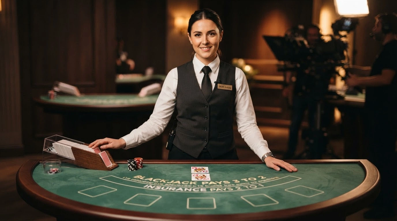 Un croupier en tenue de casino debout derrière une table de jeu, une carte visible au centre du cadre