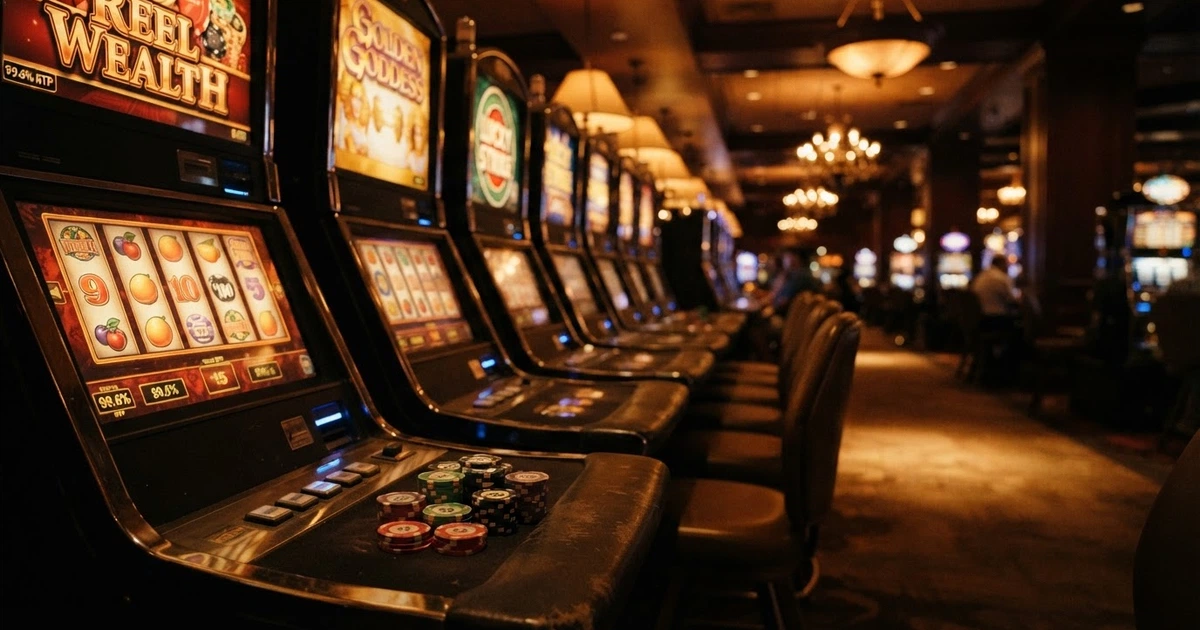 Un graphique illustrant le pourcentage de redistribution au-dessus d'une rangée de machines à sous, avec des jetons de casino disposés en premier plan