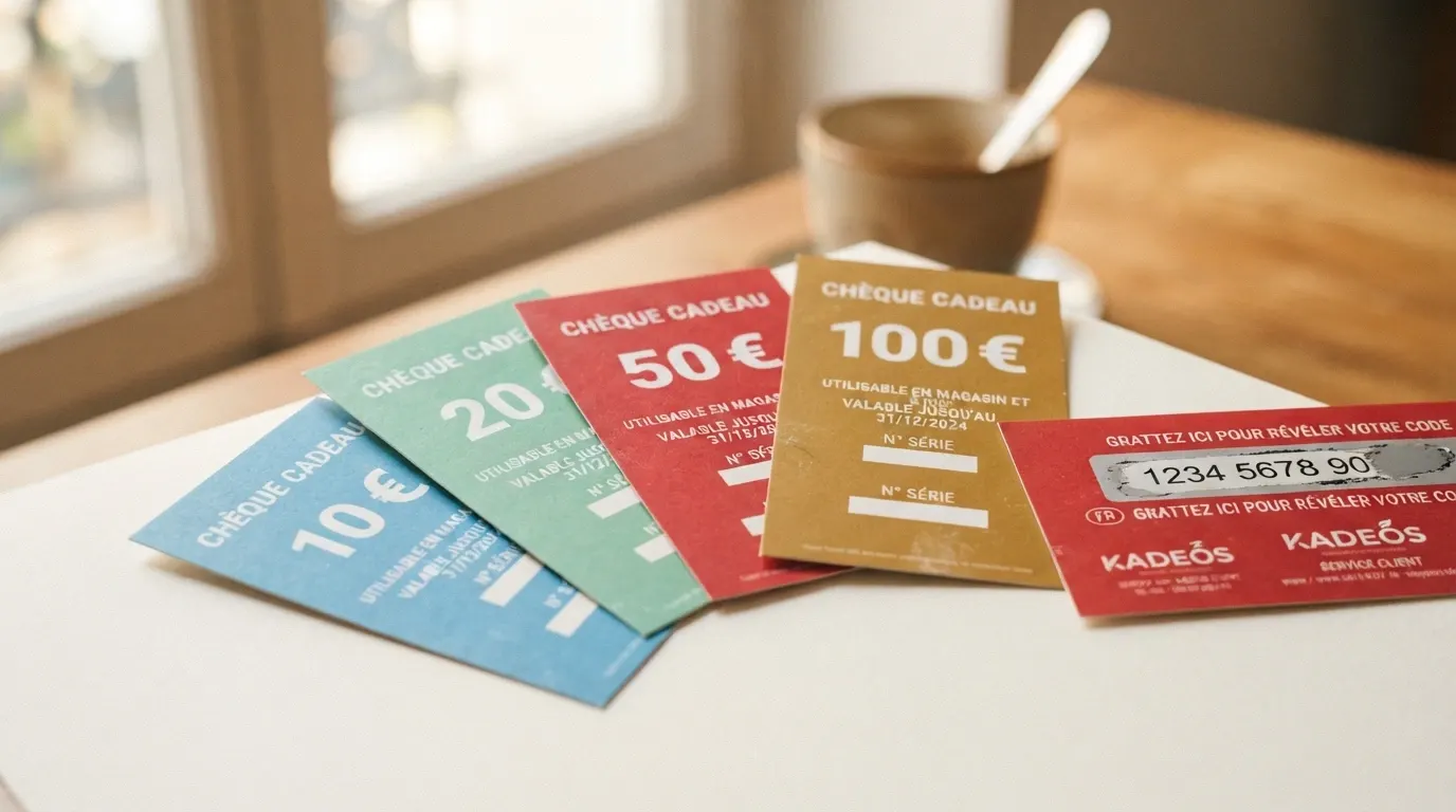 Tickets Neosurf de différentes couleurs et coupures disposés sur une table, avec un code à 10 chiffres partiellement visible au verso