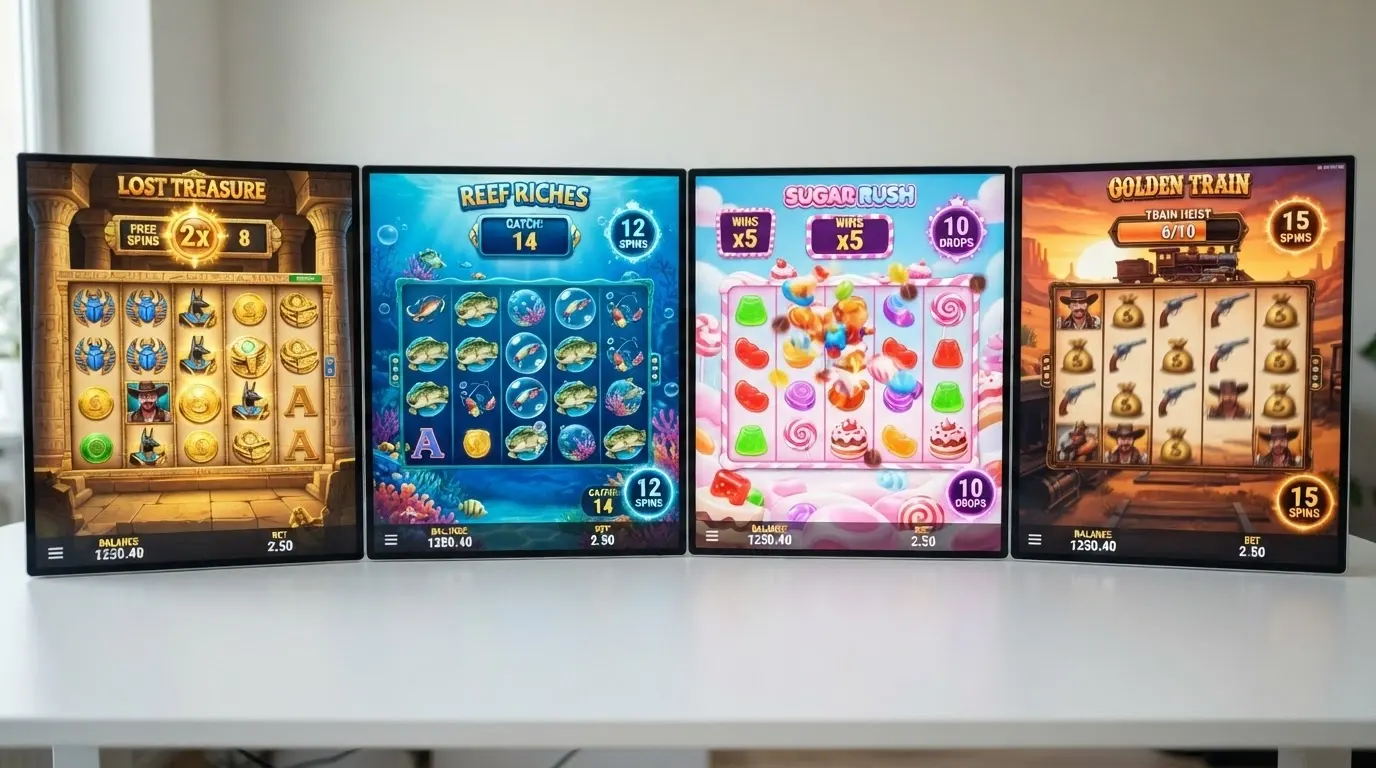 Une sélection de pochettes de machines à sous 5 rouleaux populaires (Book of Dead, Starburst, Sweet Bonanza) disposées côte à côte