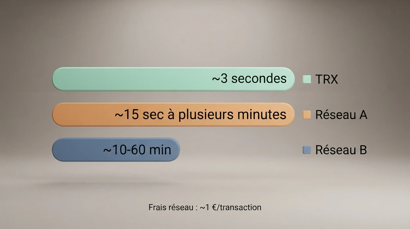 Schéma comparatif des temps de confirmation : TRX (~3 secondes) face à Bitcoin (~10-60 minutes) et Ethereum (~15 secondes à plusieurs minutes)