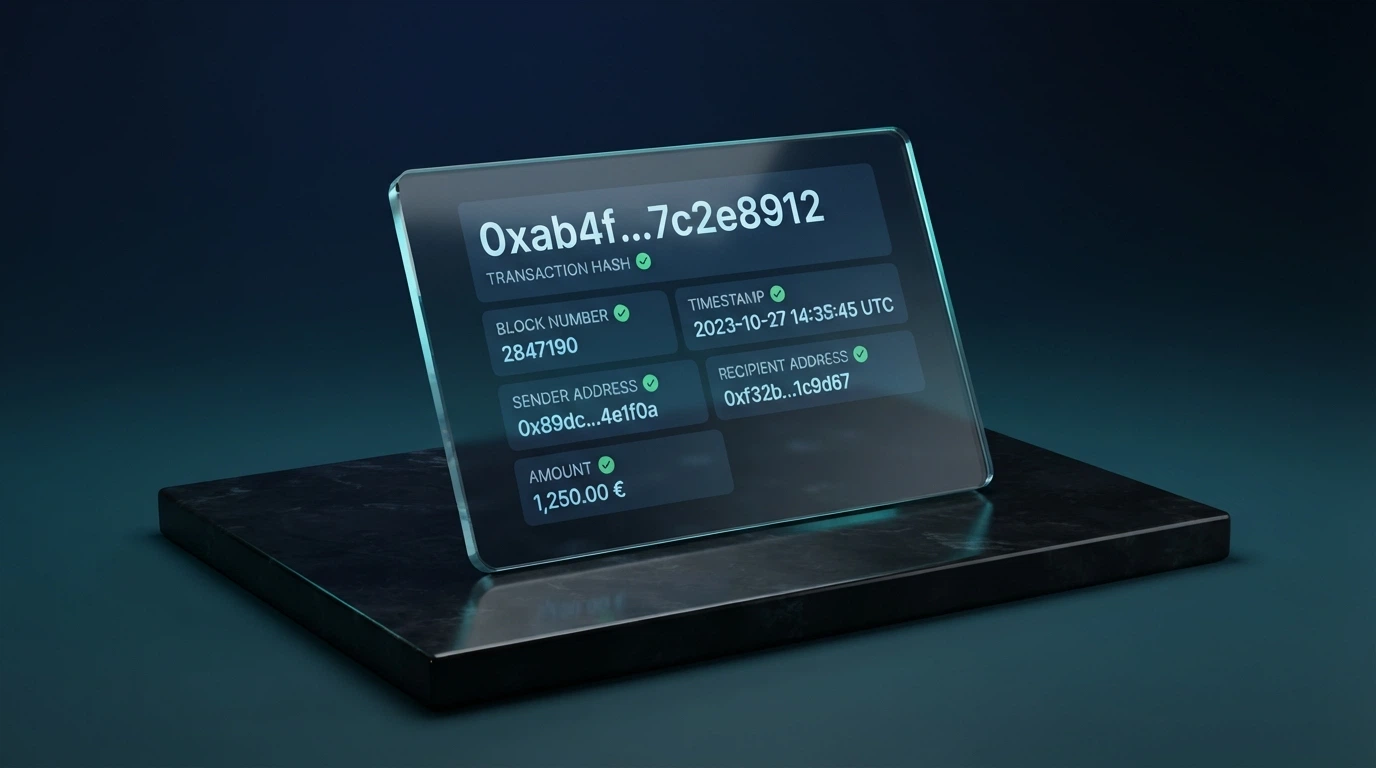 Représentation visuelle d'une transaction Ethereum sur un explorateur de blockchain, montrant l'adresse du contrat, le montant et l'horodatage publics