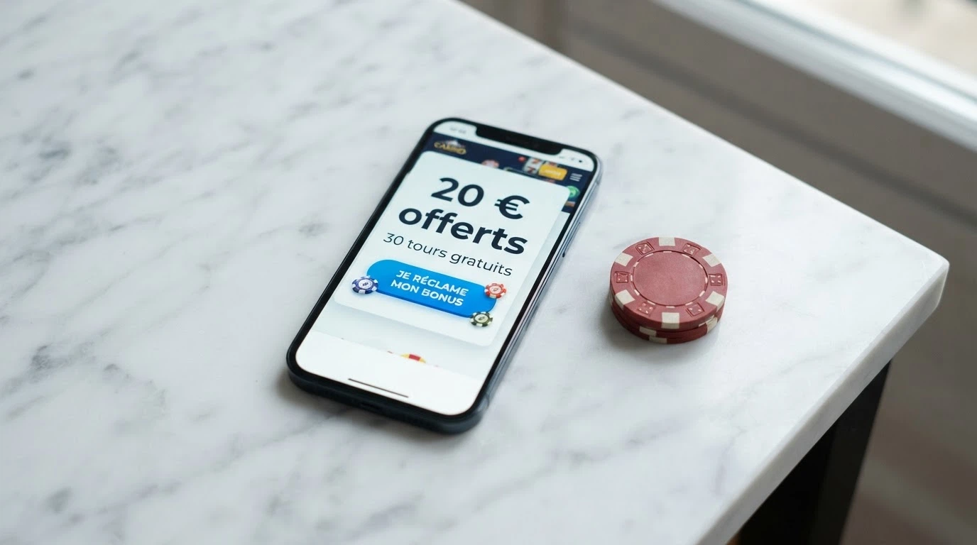 Capture d'écran partagée d'une offre de bonus sans dépôt typique — crédit de 20 € ou 30 tours gratuits à l'inscription — avec ses conditions affichées