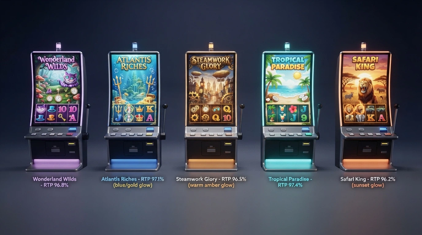 Les cinq machines à sous de la série Mega Moolah affichées côte à côte avec leurs noms et leurs RTP
