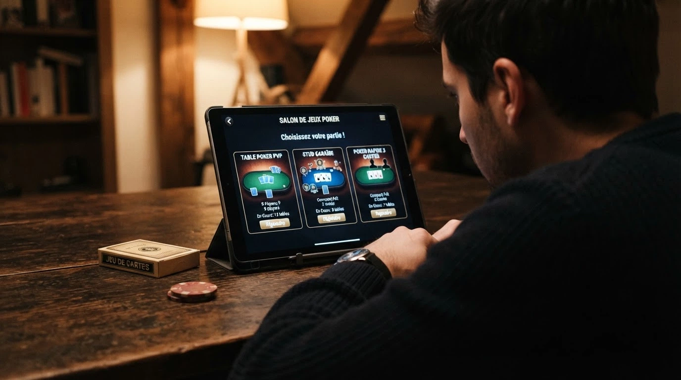 Un joueur consultant une sélection de variantes de poker (Texas Hold'em, Caribbean Stud, Three Card) sur l'interface d'un site de poker, avec un croupier en direct visible en arrière-plan