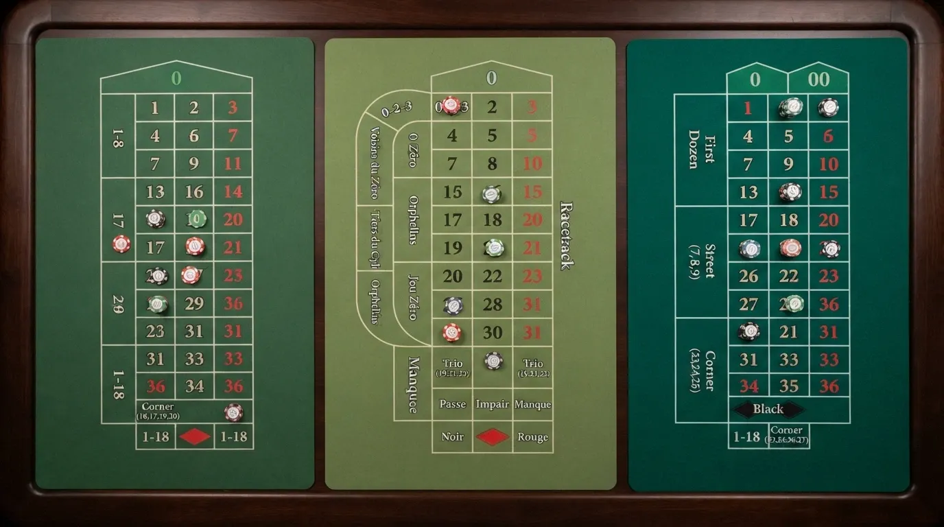 Trois tapis de roulette côte à côte illustrant les différences de cases entre les variantes européenne, française et américaine