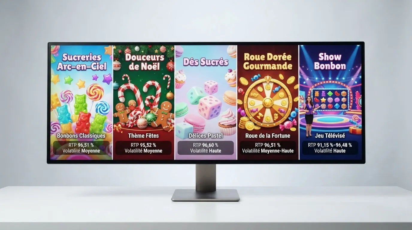Les cinq versions officielles de Sweet Bonanza côte à côte sur un écran : classique, 1000, Xmas, Dice et le plateau live de Candyland