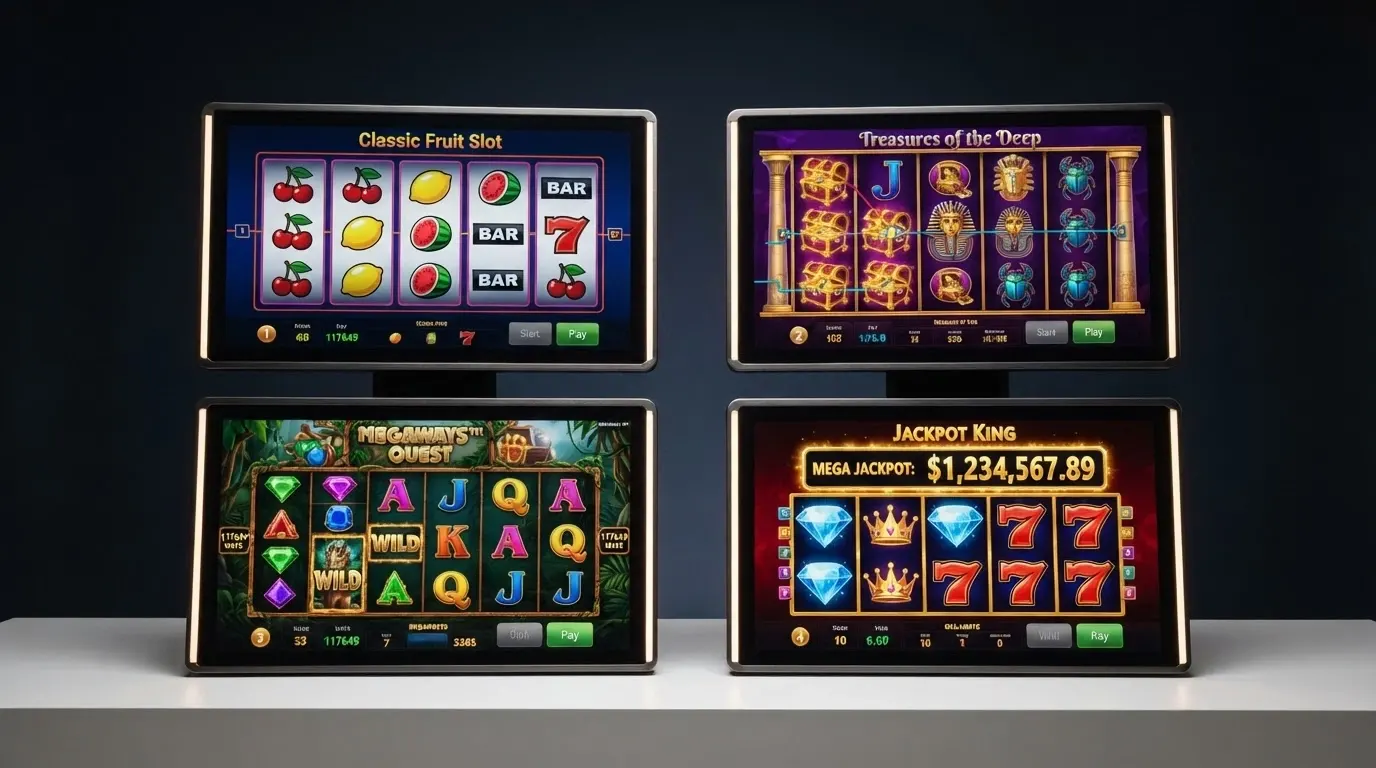 Une mosaïque de quatre machines à sous de styles différents sur un fond d'écran : une machine classique à 3 rouleaux, une slot vidéo 3D, une Megaways et une machine à jackpot progressif