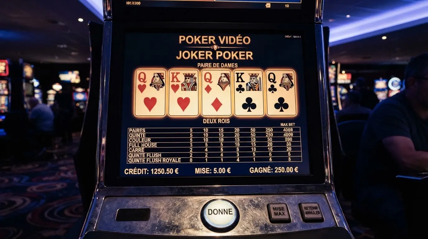 L'écran d'une machine de vidéo poker virtuelle affichant une main gagnante et la table de paiement Jacks or Better 9/6