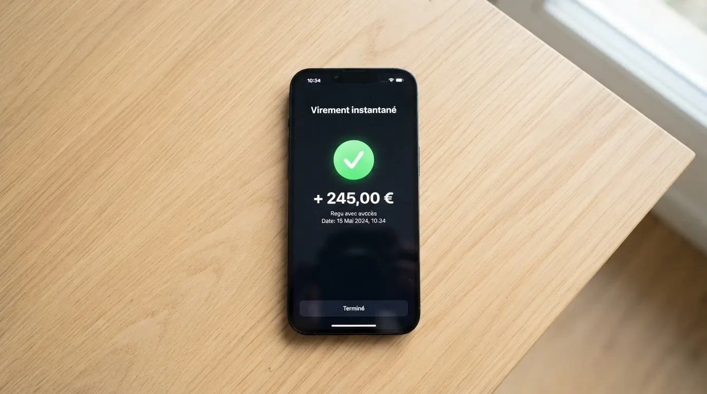 Interface de l'application N26 affichant un virement SEPA instantané en cours