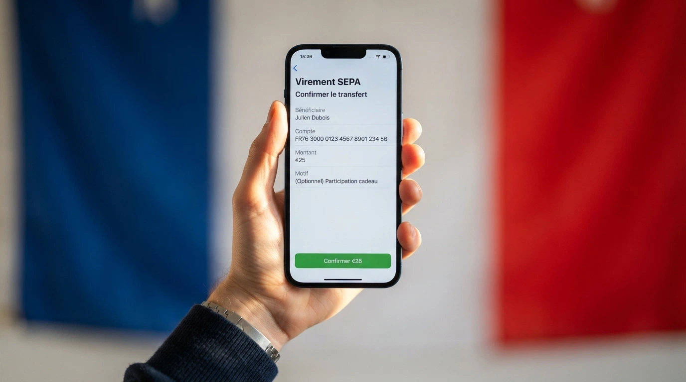Une main tenant un smartphone ouvert sur une application bancaire, l'écran affichant un virement SEPA en cours avec le mot « casino » dans le libellé, un ruban tricolore bleu-blanc-rouge en filigrane sur le fond